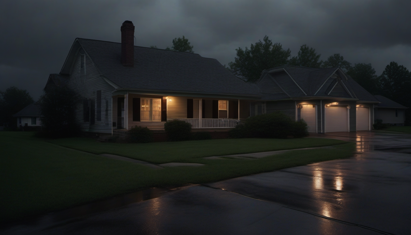 A quiet suburban home at dusk during a storm